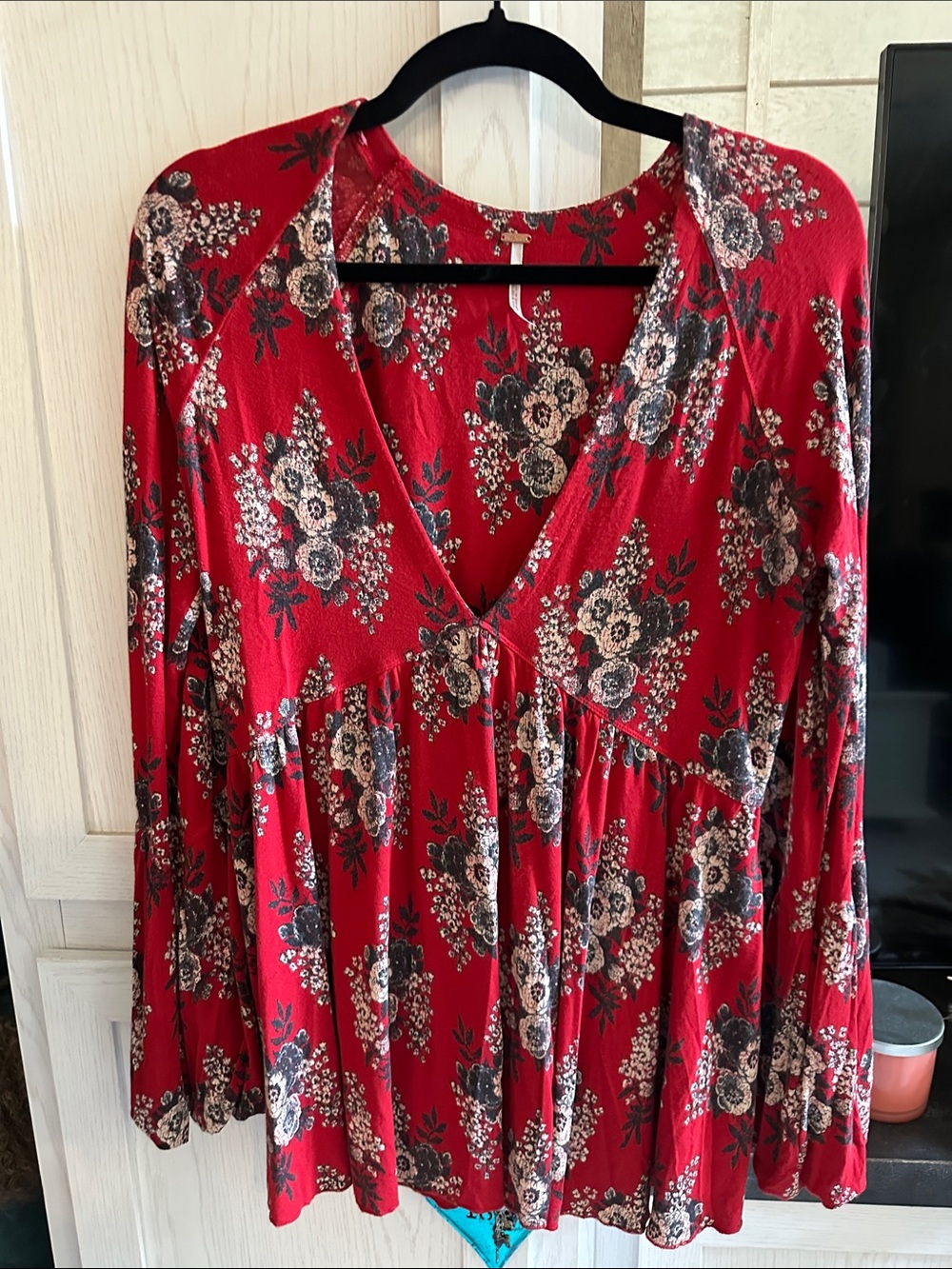 Free People Red Floral V-Neck Peplum Blouse